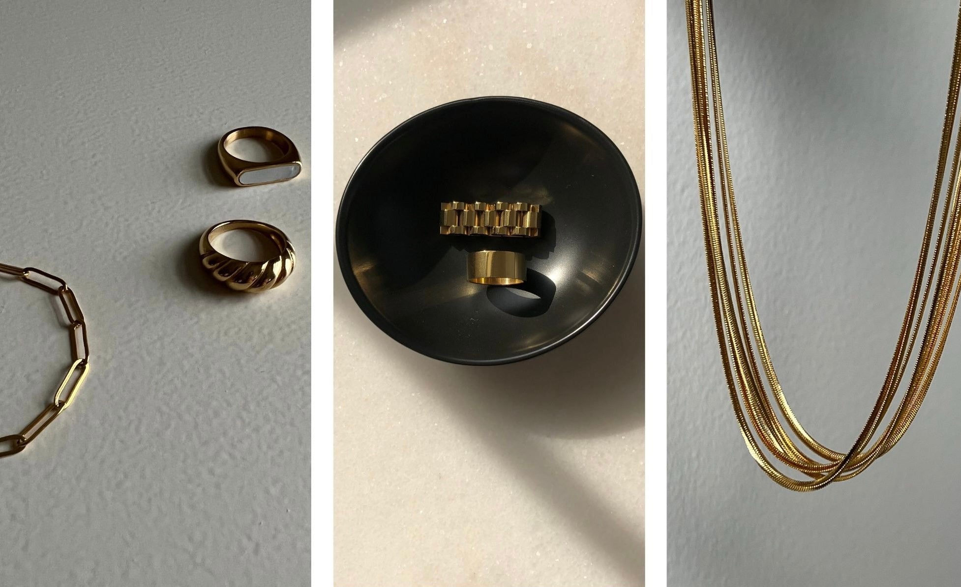 Three images with two gold rings in left column and two gold rings in a black bowl in the center column and multiple snake chains in the third column