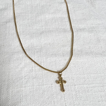 Load image into Gallery viewer, Small Cross Pendant with Box Chain on white linen background
