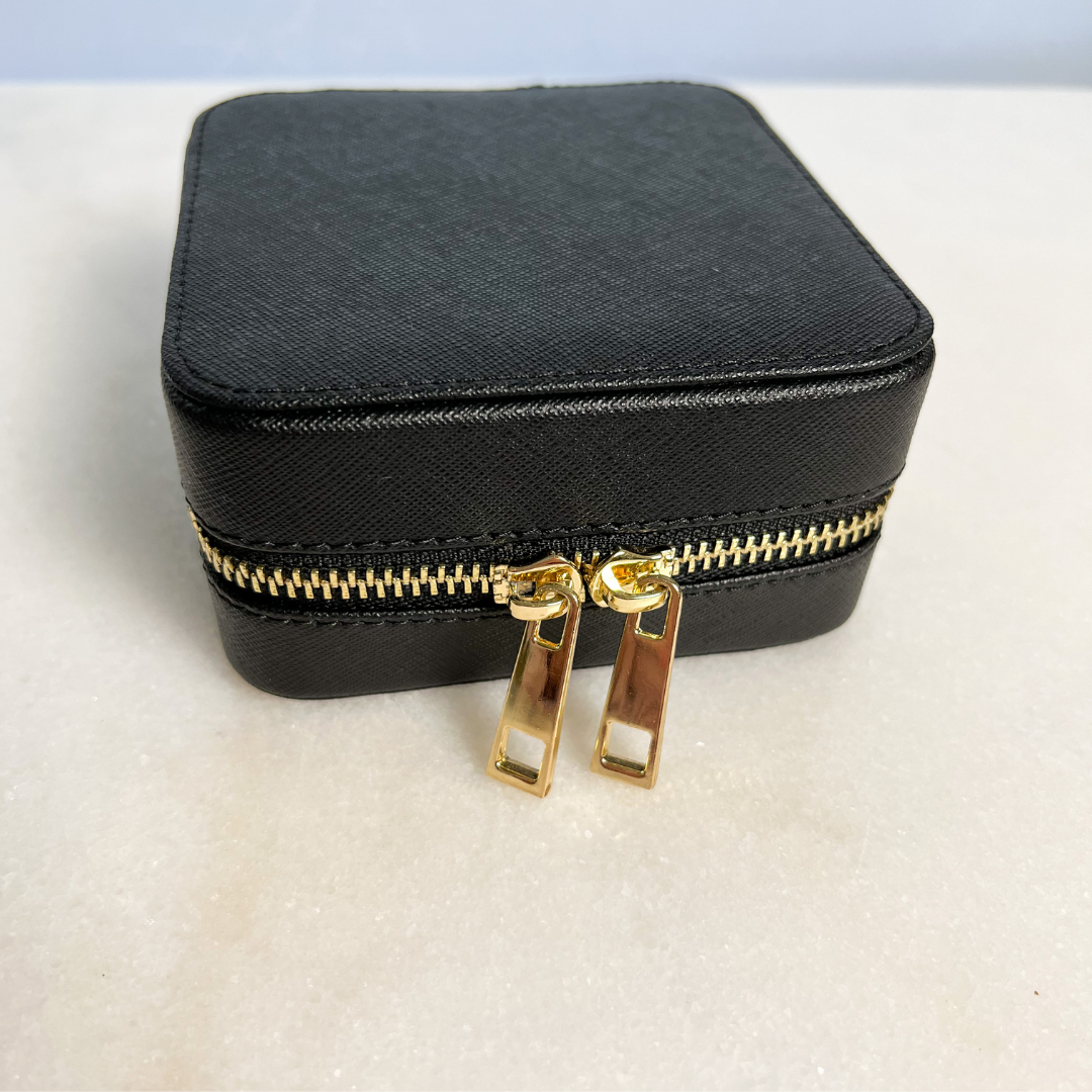 4 inch x 4 inch Black Saffiano Leather Jewelry Travel Case with Gold Zipper Hardware
