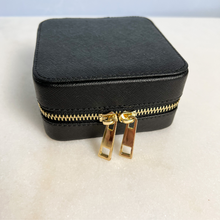 Load image into Gallery viewer, 4 inch x 4 inch Black Saffiano Leather Jewelry Travel Case with Gold Zipper Hardware

